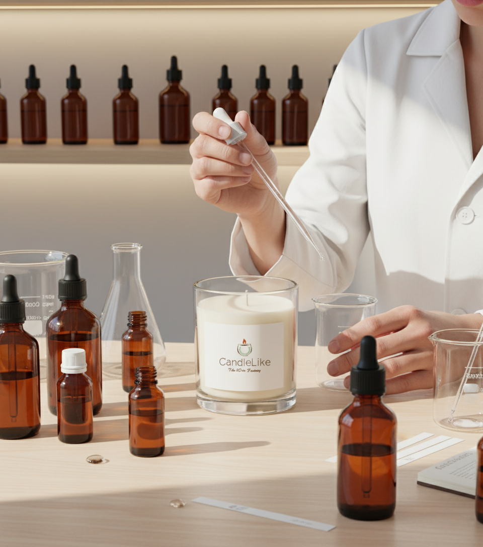 การปรับแต่งกลิ่นเทียนหอม เช่น ขวดน้ำหอมและวัตถุดิบต่างๆ